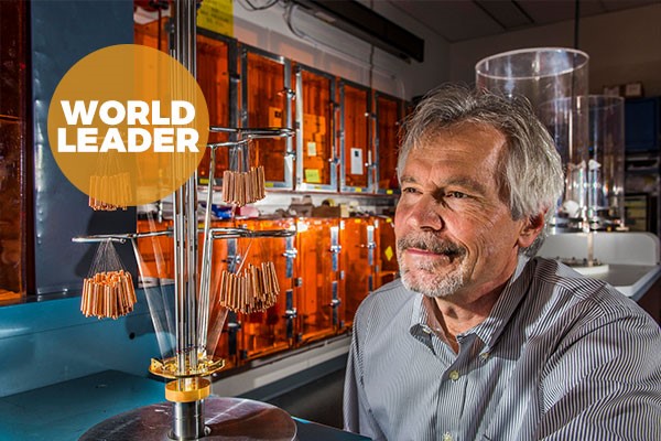 man in laboratory with text 'world leader'